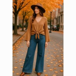 Vintage Havana Tie‎ Front Flare Long Sleeves Top Sz L Bohemian Relaxed Soft Fall